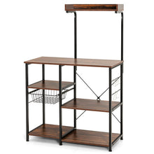 Load image into Gallery viewer, 4-tier Kitchen Baker&#39;s Rack with Basket and 5 Hooks-Dark Brown
