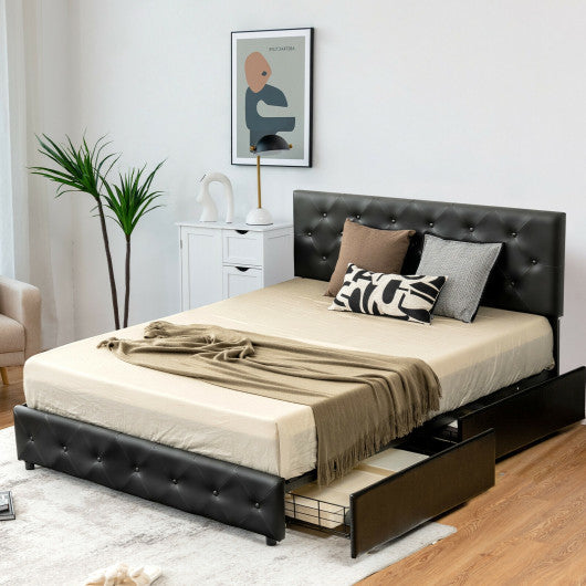 Full/Queen PU Leather Upholstered Platform Bed with 4 Drawers-Queen Size