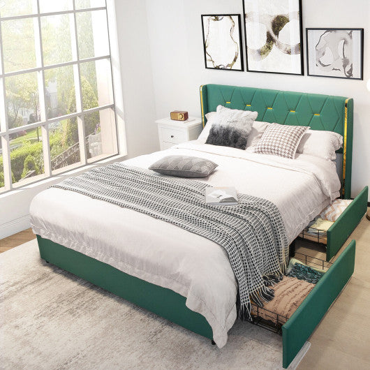 Full/Queen Size Upholstered Bed Frame with 4 Drawers-Green-Queen Size