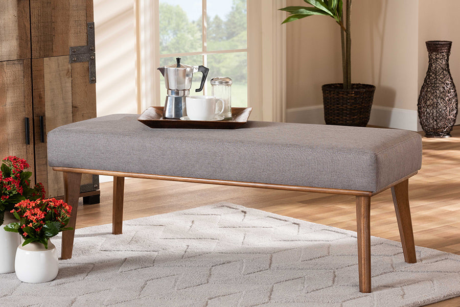 Baxton Studio Odessa Mid-Century Modern Grey Fabric Upholstered and Walnut Brown Finished Wood Dining Bench