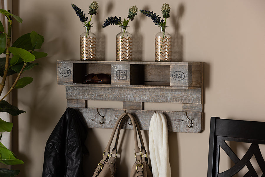 Baxton Studio Ferguson Vintage Rustic Whitewashed Grey Oak Finished Wood Wall Mounted Coat Rack with Shelves