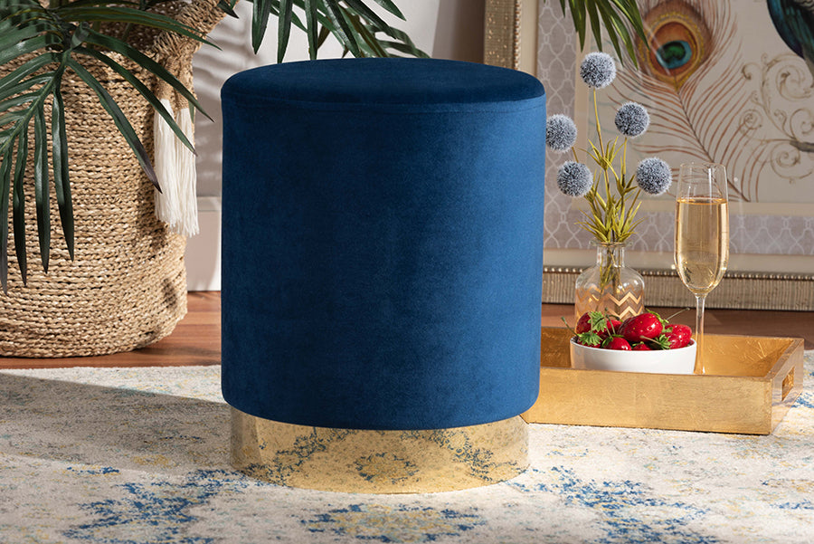 Baxton Studio Chaela Contemporary Glam and Luxe Navy Blue Velvet Fabric Upholstered and Gold Finished Metal Ottoman