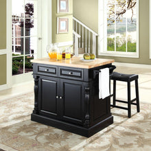 Load image into Gallery viewer, Oxford Kitchen Island W/Upholstered Saddle Stools Black - Kitchen Island, 2 Counter Height Bar Stools
