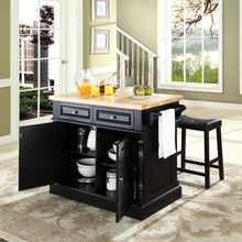 Load image into Gallery viewer, Oxford Kitchen Island W/Upholstered Saddle Stools Black - Kitchen Island, 2 Counter Height Bar Stools
