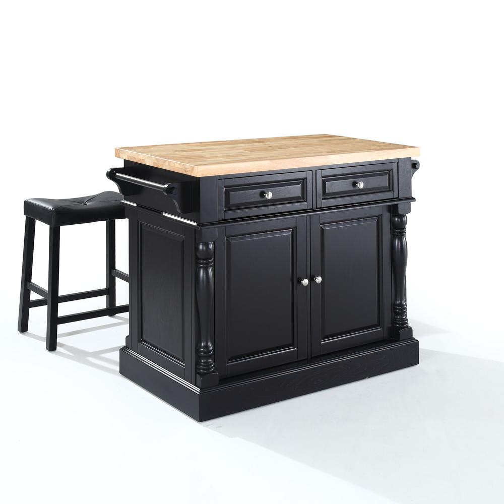 Oxford Kitchen Island W/Upholstered Saddle Stools Black - Kitchen Island, 2 Counter Height Bar Stools