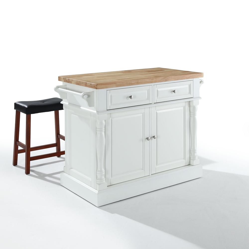 Oxford Kitchen Island W/Upholstered Saddle Stools White - Kitchen Island, 2 Counter Height Bar Stools