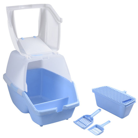 Blue & white Portable Pet Cat Hooded Litter Box