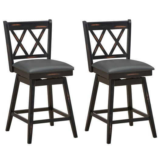 2 Pieces 24 Inch Swivel Counter Height Barstool Set with Rubber Wood Legs-Black