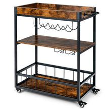 Load image into Gallery viewer, 3-Tier Rolling Kitchen Bar Cart with Wine Rack-Rustic Brown
