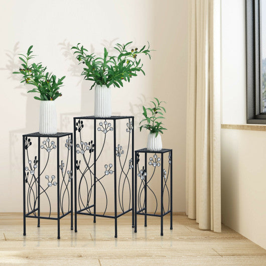 3 Pieces Metal Plant Stand Set with Crystal Floral Accents Square-Black