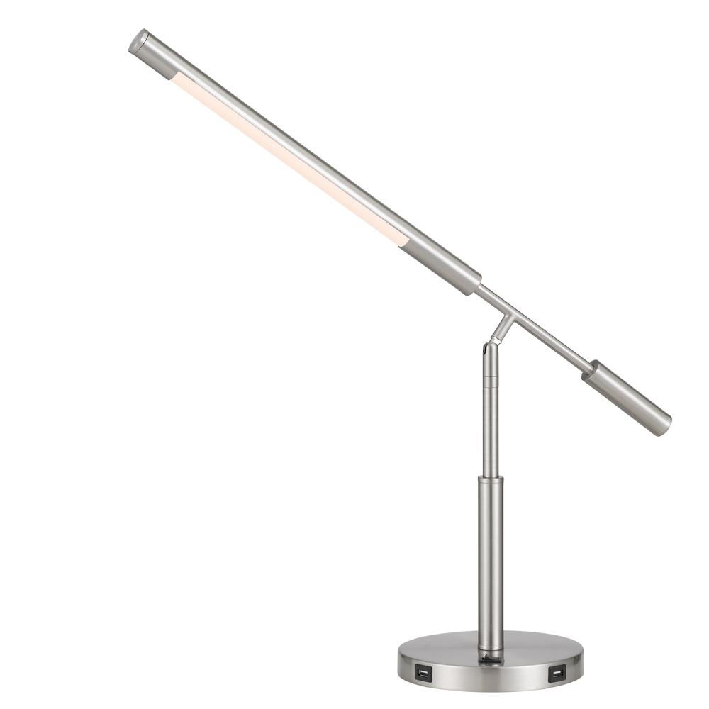 Auray integrated LED desk lamp with 2 USB charing ports. 780 lumen, 3000K, on off rocker switch at base., Brushed Steel