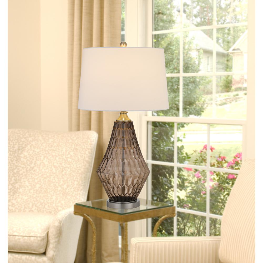 150W 3 way Conover glass table lamp with hardbadk taper drum fabric shade, Smoky