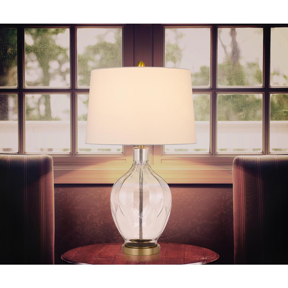 150W 3 way Bancroft glass table lamp with hardback taper drum fabric shade, Clear/Antique Brass