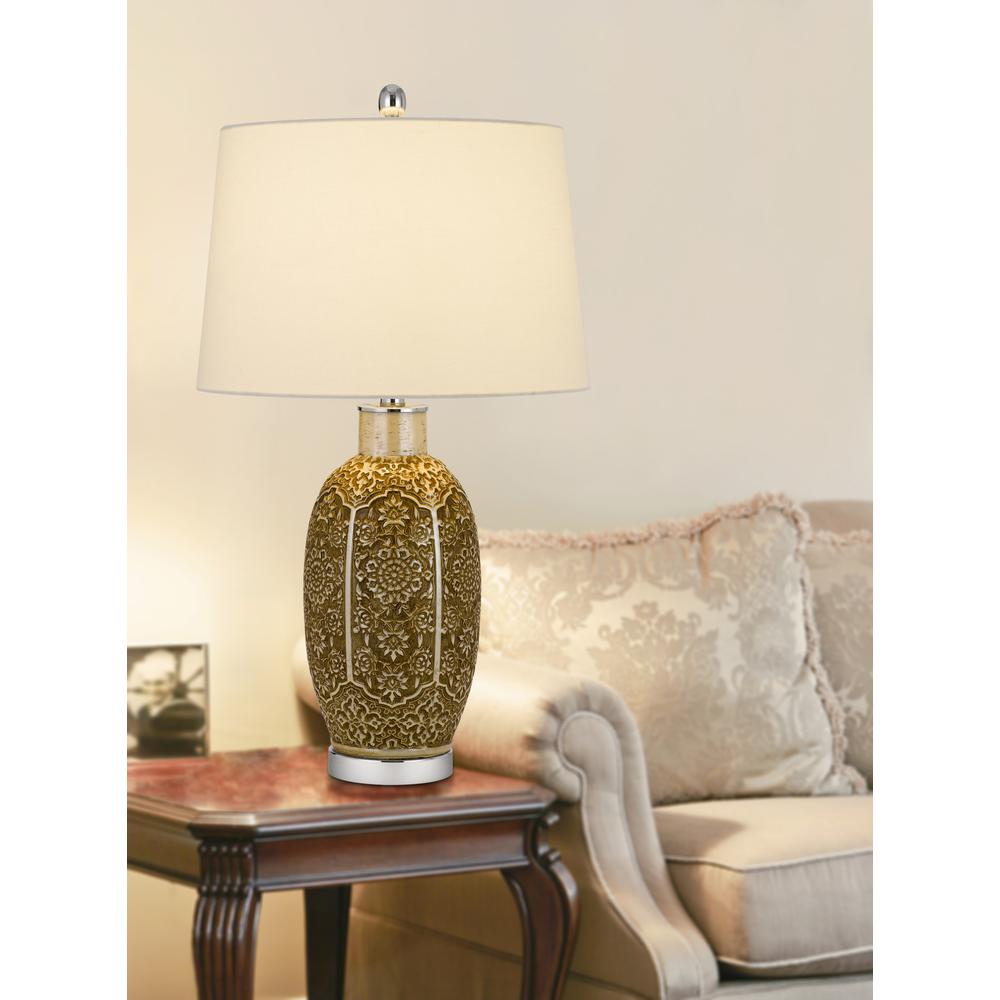 150W 3 way Olive ceramic table lamp with hardback taper fabric drum shade, Cinnamon