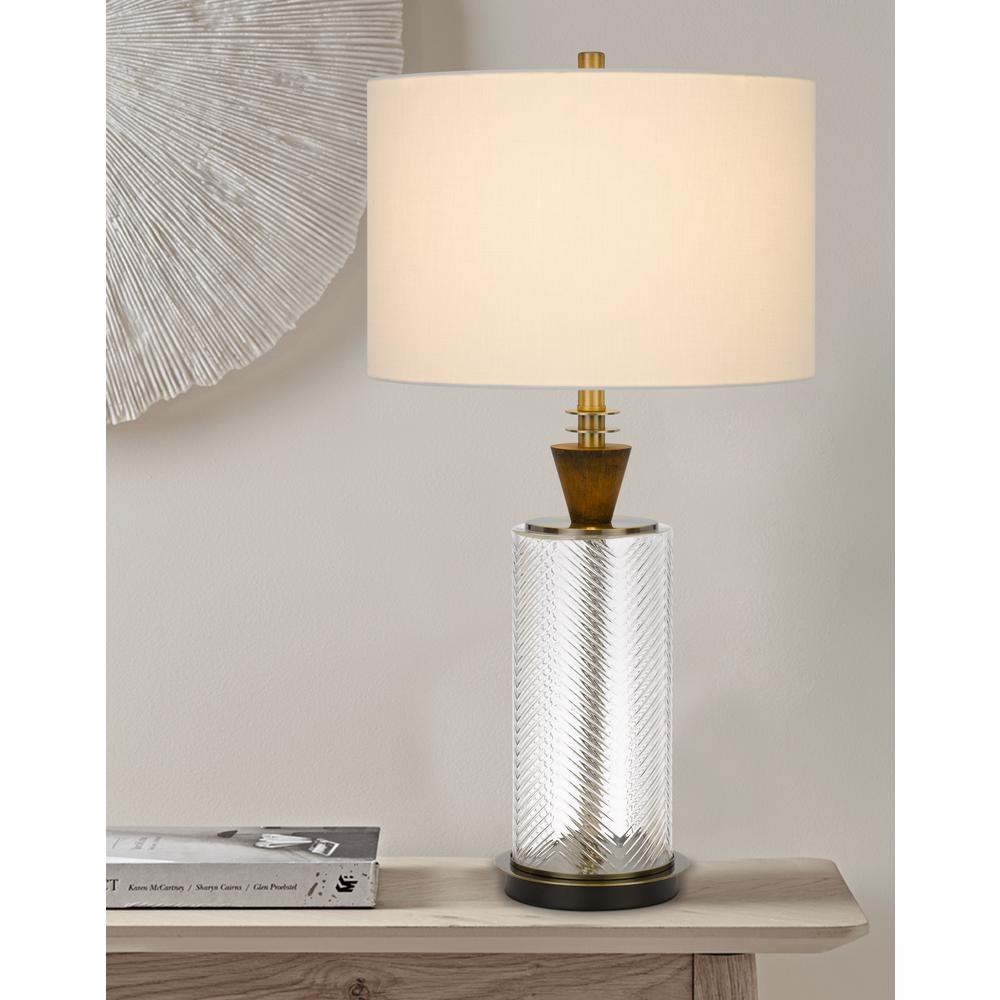 150W 3 way Sherwood glass table lamp with wood font and hardback fabric drum shade, Glass/Dark Bronze