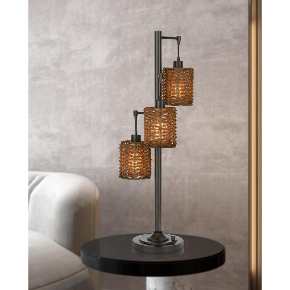 40W x3 Connell metal table lamp with rattan shades with a base 3 way rotary switch (Edison bulbs included), Dark Bronze