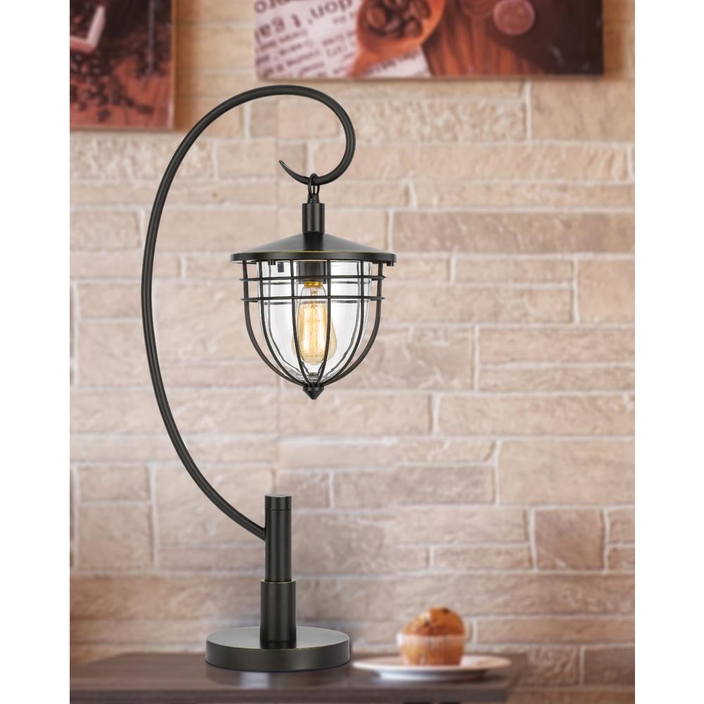 60W Alma metal/glass downbridge lantern style table lamp (Edison bulb included), Dark Bronze