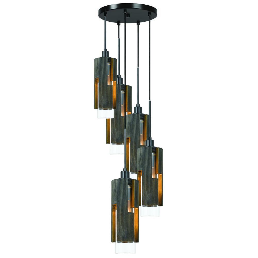 60W X 5 Reggio Wood Pendant Glass Fixture (Edison Bulbs Not Included)