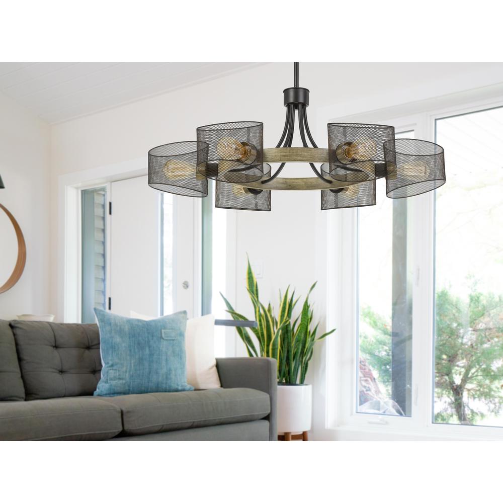 60W X 6 Dronten Metal/Wood Chandelier With Mesh Shades (Edison Bulbs Are Not included)