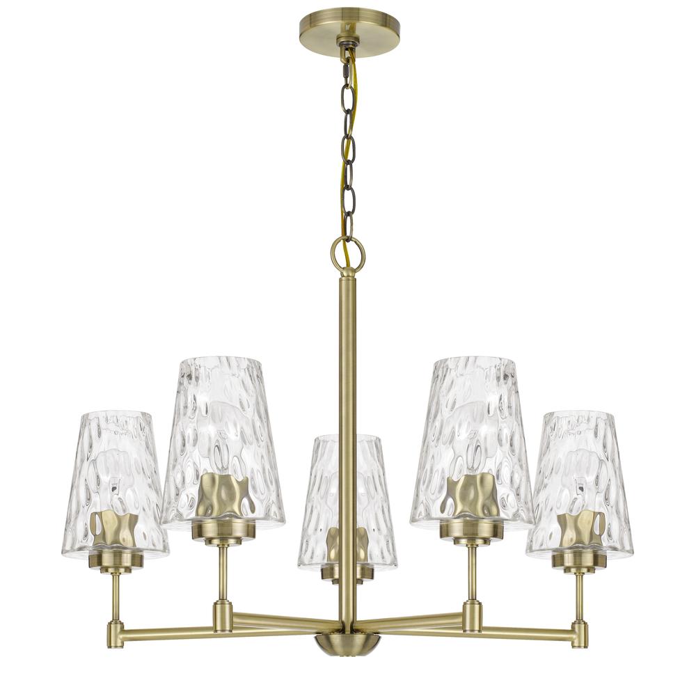 60W x 5 Crestwood metal chandelier with textured glass shades, Antique Brass