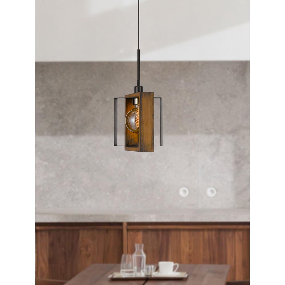 60W Agrigento pine wood/metal mini pendant fixture (Edison bulb INCLUDED), Wood/Black