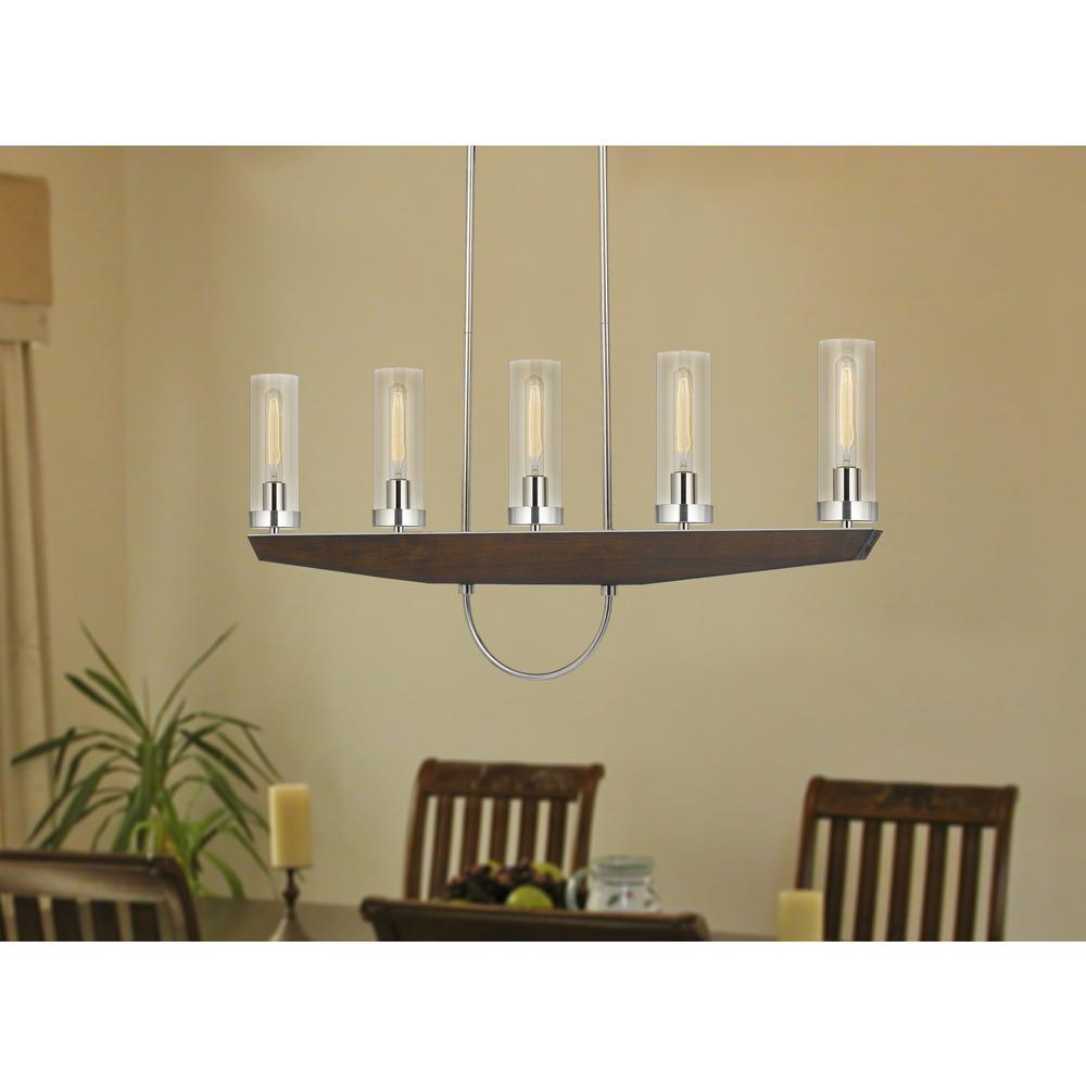 60W x 5 Ercolano pine wood/metal island chandelier with clear glass shade (Edison bulbs NOT included), Wood/brushed Steel