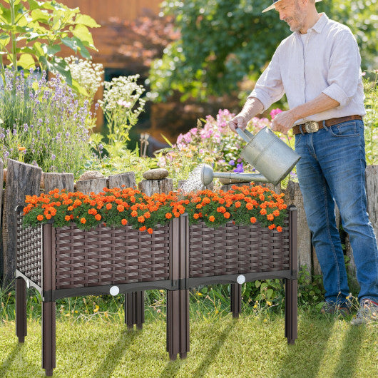 2 Set Elevated Plastic Raised Garden Bed Planter Kit for Flower Vegetable Grow-Brown