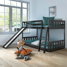 Load image into Gallery viewer, Twin over Twin Bunk Wooden Low Bed with Slide Ladder for Kids-Dark Brown
