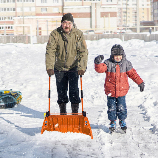 Folding Snow Pusher Scoop Shovel with Wheels and Handle-Orange