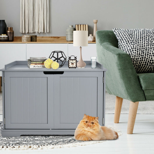 Cat Litter Box Enclosure with Double Doors for Large Cat and Kitty-Gray