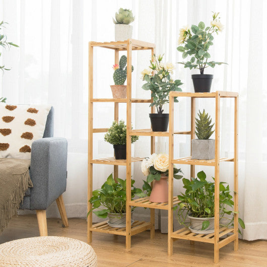 Bamboo 9-Tier Plant Stand Utility Shelf Free Standing Storage Rack Pot Holder-Natural