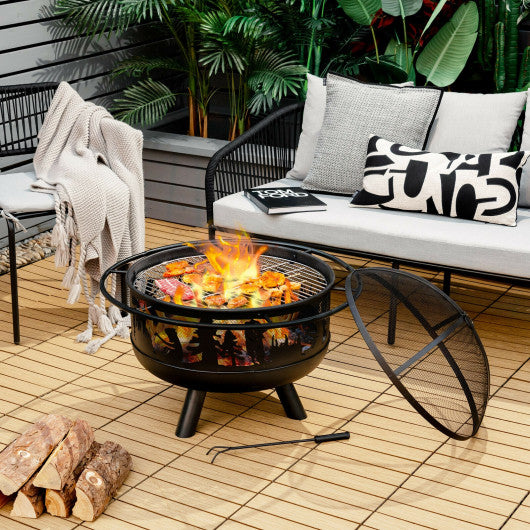 30 Inch Patio Round Fire Pit with  Fire Poker Cooking Grill-Black