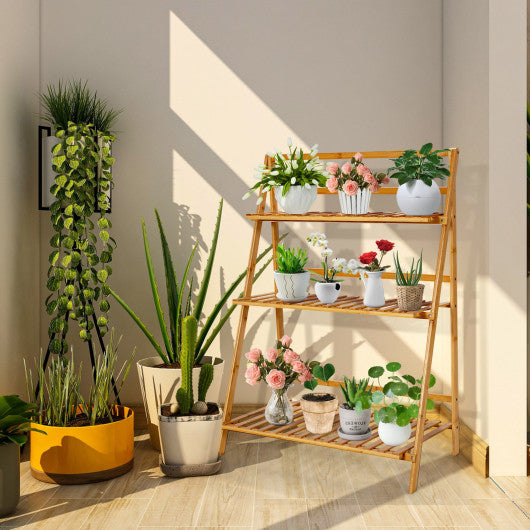 3-Tier Bamboo Foldable Plant Stand with Display Shelf Rack