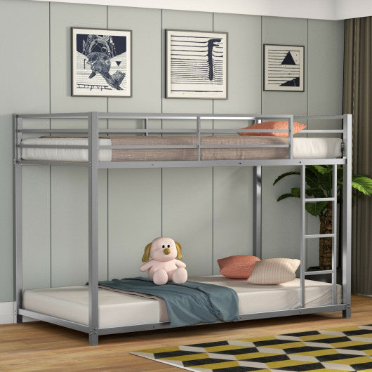 Twin Over Twin Bunk Bed Frame Platform with Guard Rails and Side Ladder-Silver