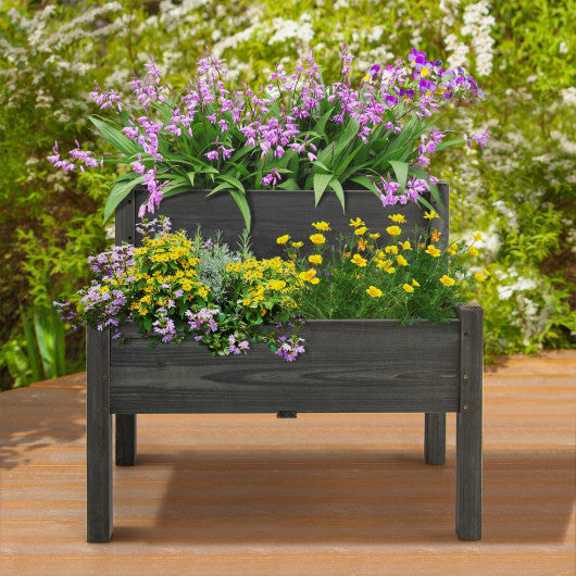 2 Tier Wooden Raised Garden Bed with Legs Drain Holes-Gray