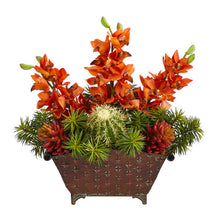 Load image into Gallery viewer, 21&quot; Cymbidium Orchid, Cactus and Succulent Artificial Arrangement in Metal Vase
