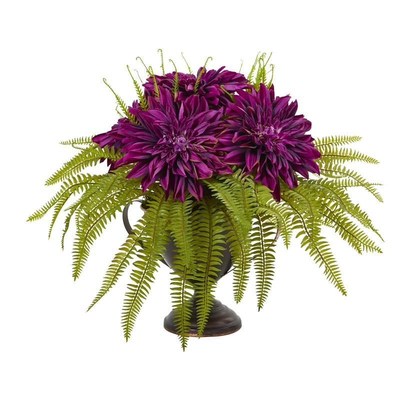 Dahlia and Fern Artificial Arrangement in Metal Goblet