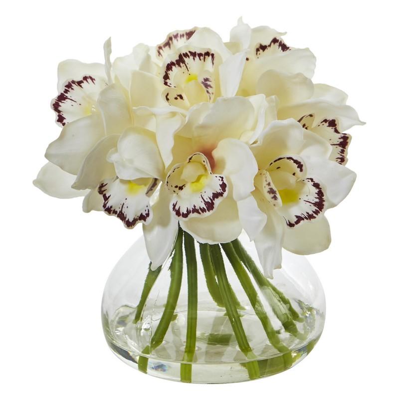 Cymbidium Orchid Artificial Arrangement In Glass Vase 1912-WH By Nearly Natural