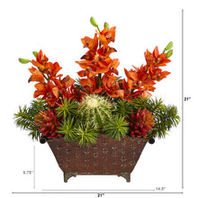 Load image into Gallery viewer, 21&quot; Cymbidium Orchid, Cactus and Succulent Artificial Arrangement in Metal Vase
