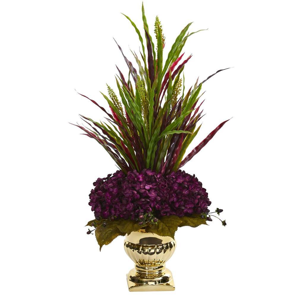 Grass & Hydrangea Artificial Arrangement in Gold Urn