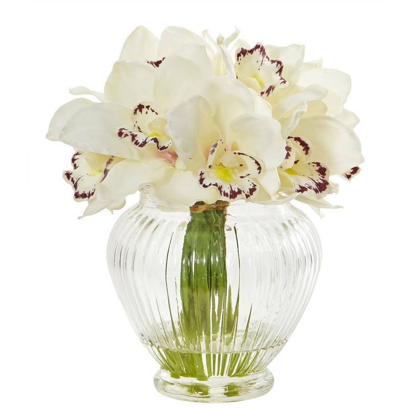 Cymbidium Orchid Artificial Arrangement In Glass Vase 1802-CR By Nearly Natural