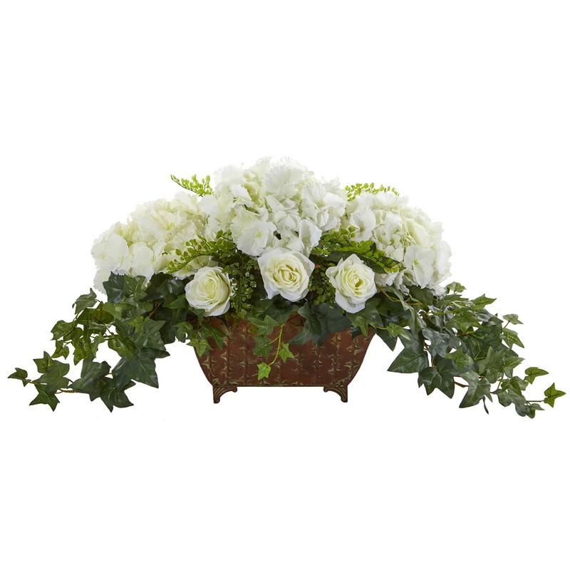 Hydrangea & Roses Artificial Arrangement In Metal Planter 1651-WH