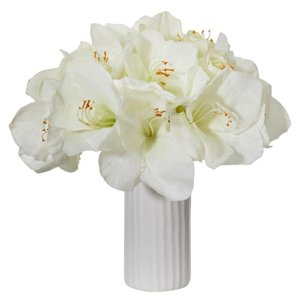 Nearly Natural Amaryllis Artificial Arrangement In White Vase 1860-WH