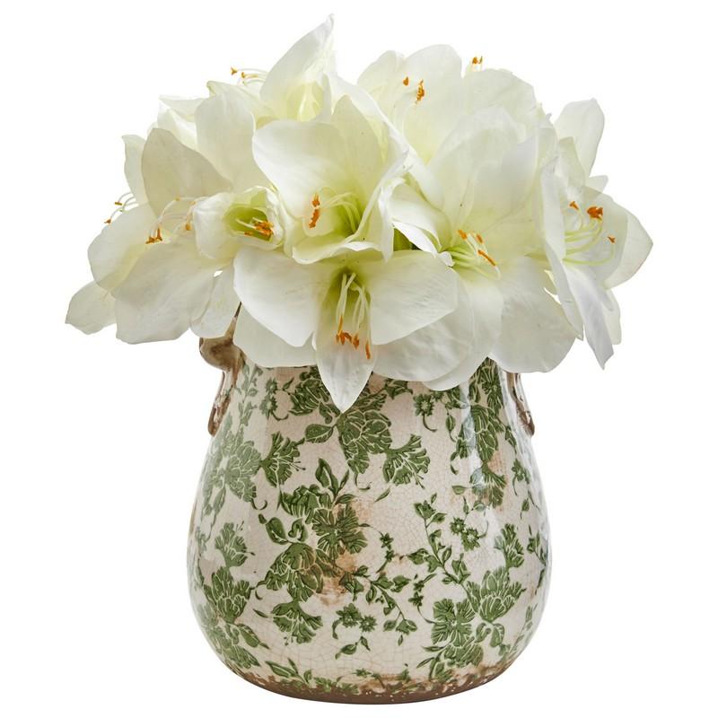 Amaryllis Artificial Arrangement in Floral Print Vase