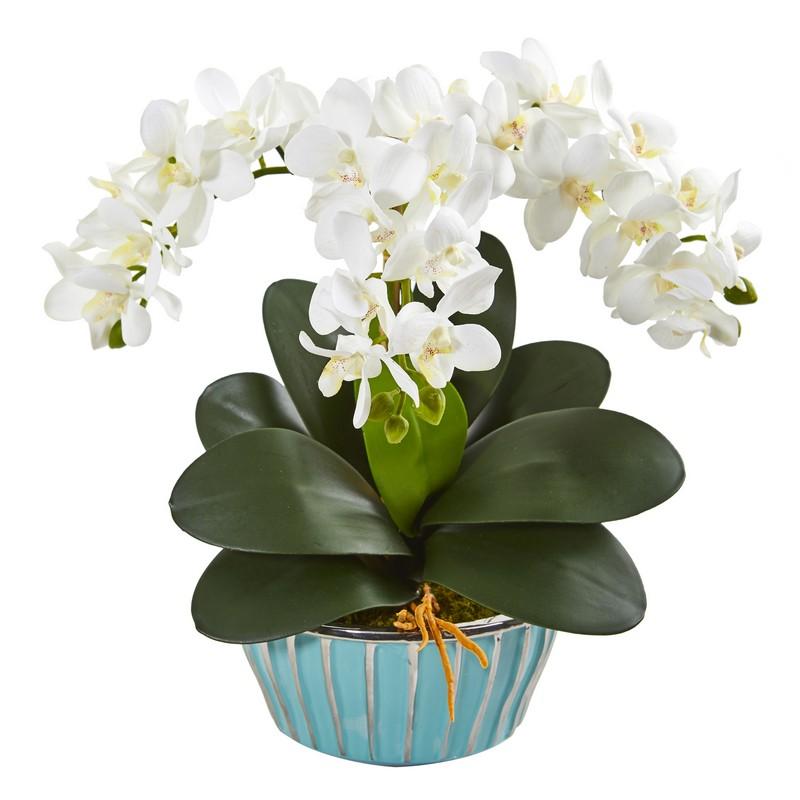 Phalaenopsis Orchid Artificial Arrangement in Designer Turquoise Vase