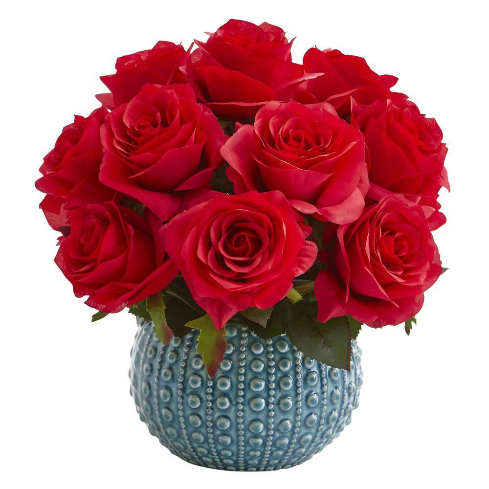 11.5'' Rose Artificial Arrangement in Blue Ceramic Vase