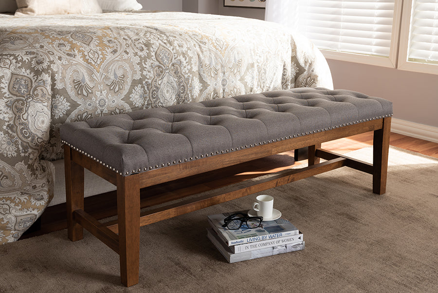 Baxton Studio Ainsley Modern and Contemporary Grey Fabric Upholstered Walnut Finished Solid Rubberwood Bench