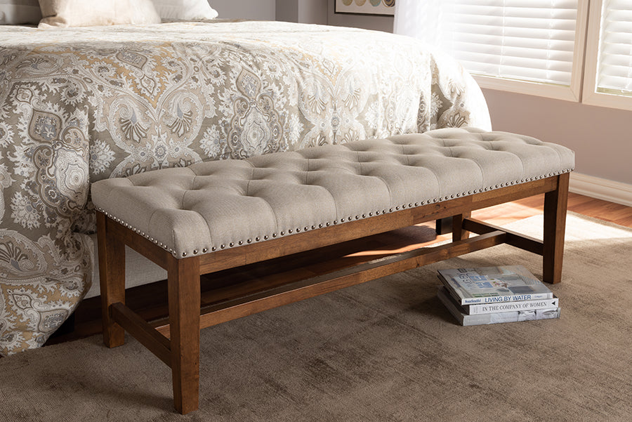 Baxton Studio Ainsley Modern and Contemporary Light Beige Fabric Upholstered Walnut Finished Solid Rubberwood Bench