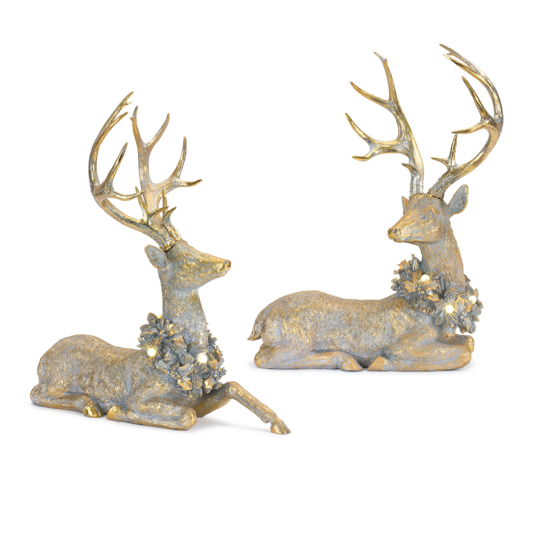 Holiday Deer Figurine with Lighted Wreath and Gold Finish (Set of 2)