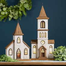 Load image into Gallery viewer, Lighted Natural Wooden Church Display with Rustic Metal Accents 17.5&quot;H
